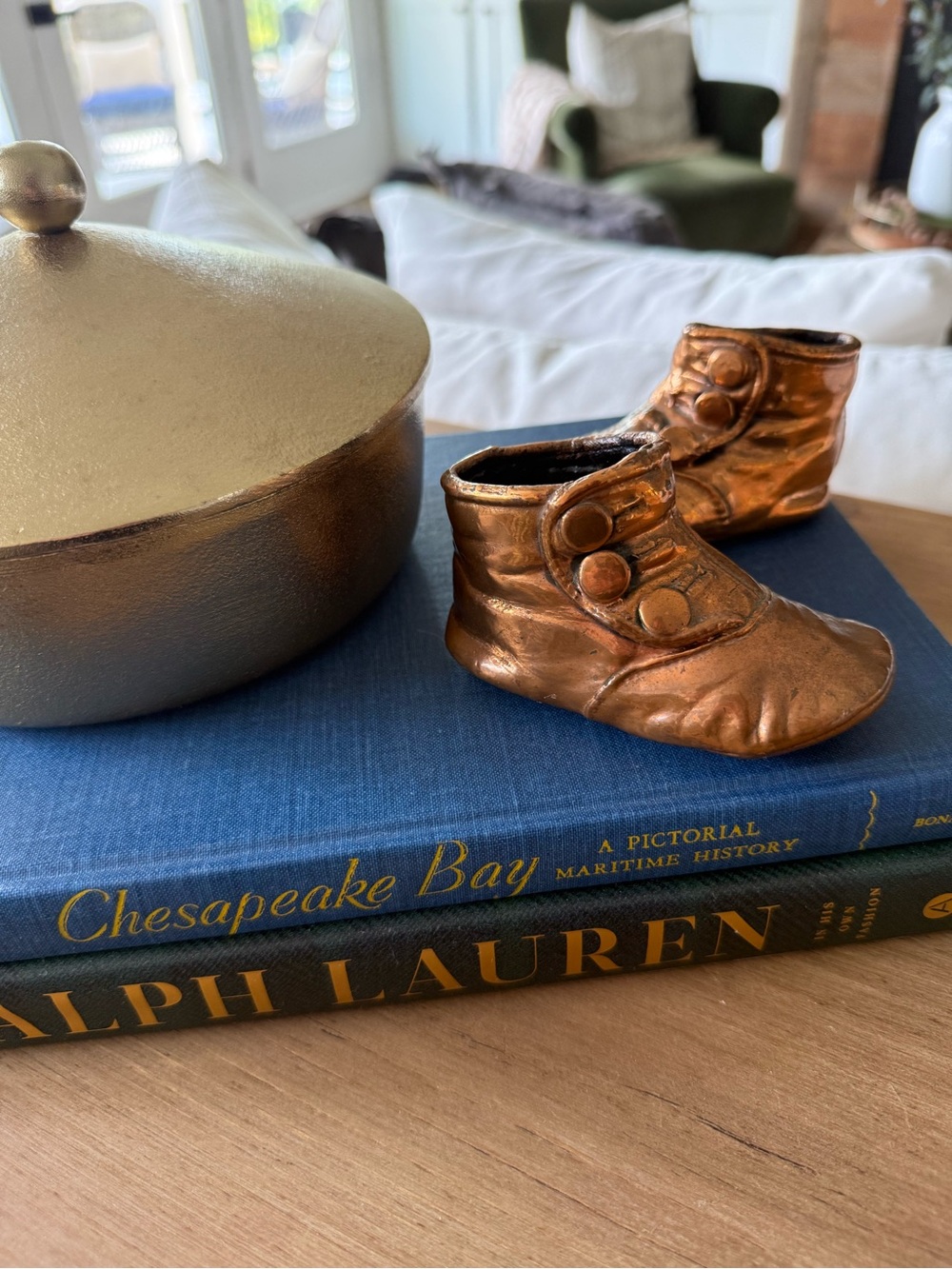 Vintage Style Brass Tone Baby Shoe Figurines Pair Decorative Collectibles